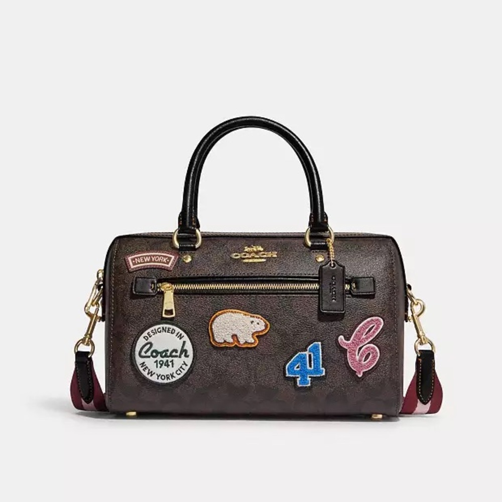 NWT！COACH ROWAN SATCHEL IN SIGNATURE CANVAS WITH SKI PATCHES (COACH CE592) - Picture 10 of 14